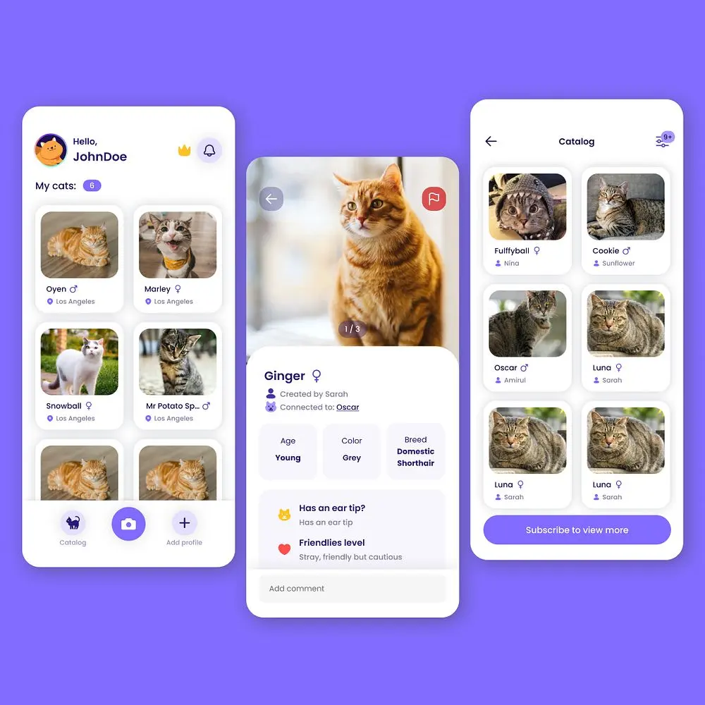 Whisker Tracker mobile app screens showing cat profiles and a catalogue